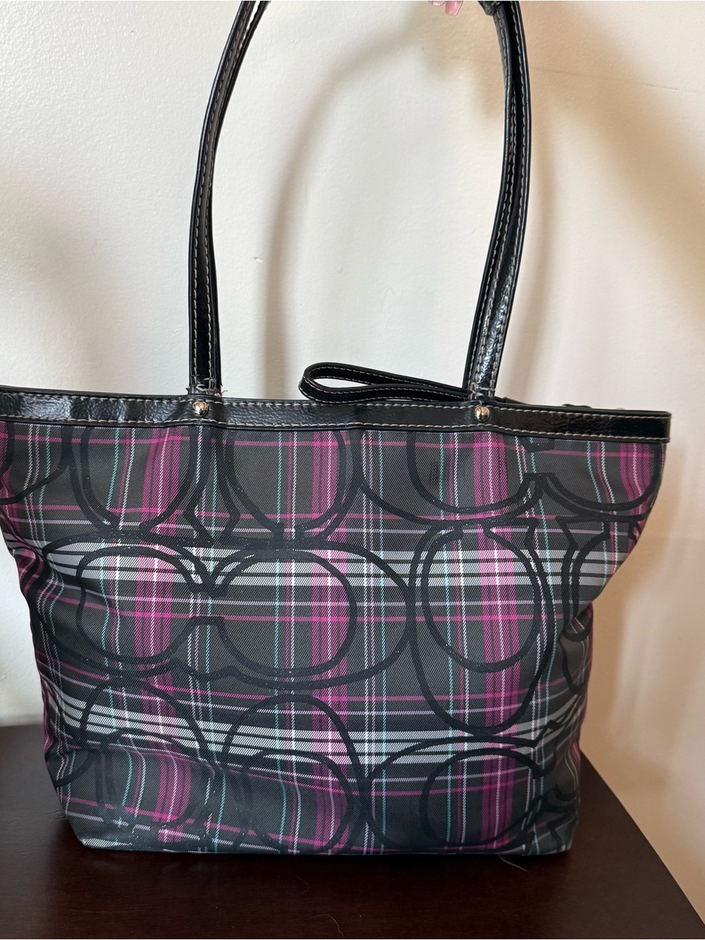 Coach Plaid Logo Tote in Black and Purple - Picture 2 of 11